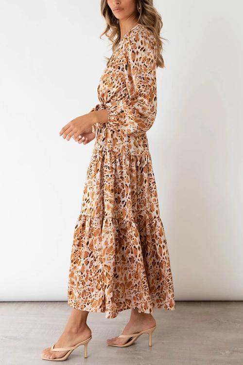 Print Belted Long Sleeve Maxi Dress