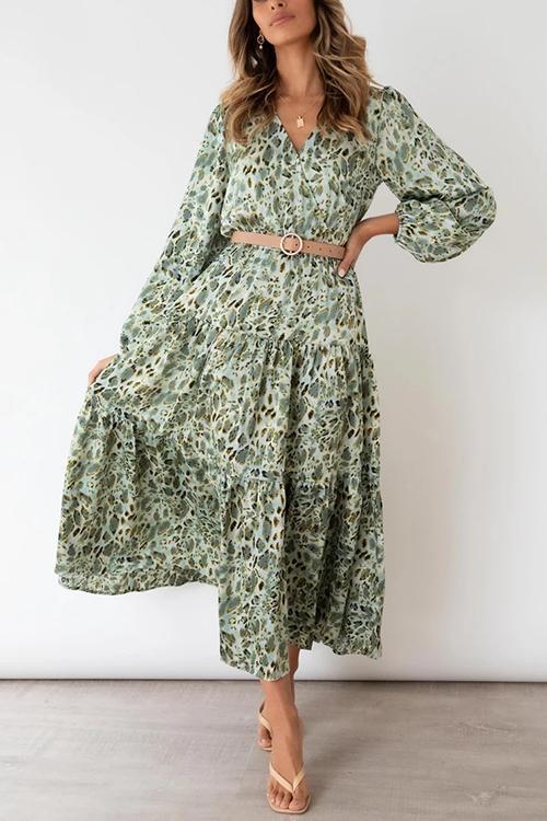 Print Belted Long Sleeve Maxi Dress