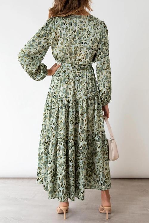 Print Belted Long Sleeve Maxi Dress