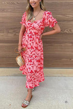 Hot Pink Floral Puff Sleeve Midi Dress