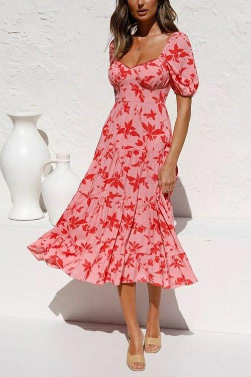 Hot Pink Floral Puff Sleeve Midi Dress