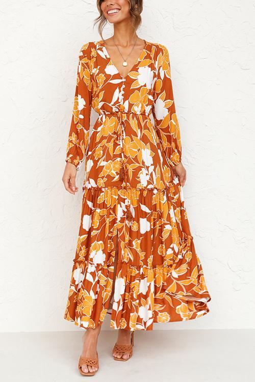 Print Button Tiered Long Sleeve Maxi Dress