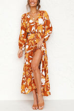 Print Button Tiered Long Sleeve Maxi Dress