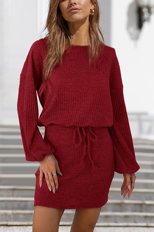 Knit O Neck Drawstring Long Sleeve Mini Dress