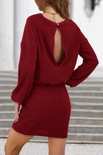 Knit O Neck Drawstring Long Sleeve Mini Dress