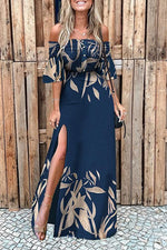 Leaf Button Off Shoulder Slit Maxi Dress