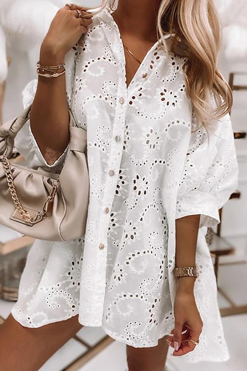 Hollow Button Shirt Mini Dress