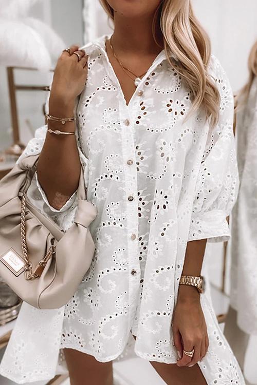 Hollow Button Shirt Mini Dress