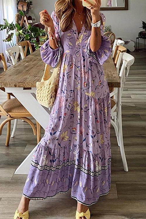 Button Floral Print Long Sleeve Maxi Dress