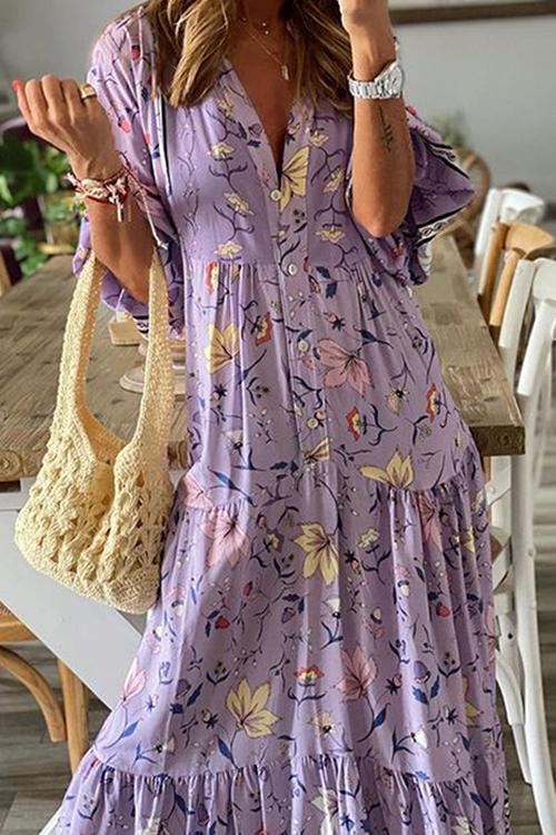 Button Floral Print Long Sleeve Maxi Dress