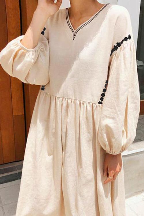 Casual Loose V neck Puff sleeve Maxi Dresses