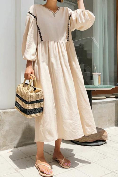 Casual Loose V neck Puff sleeve Maxi Dresses