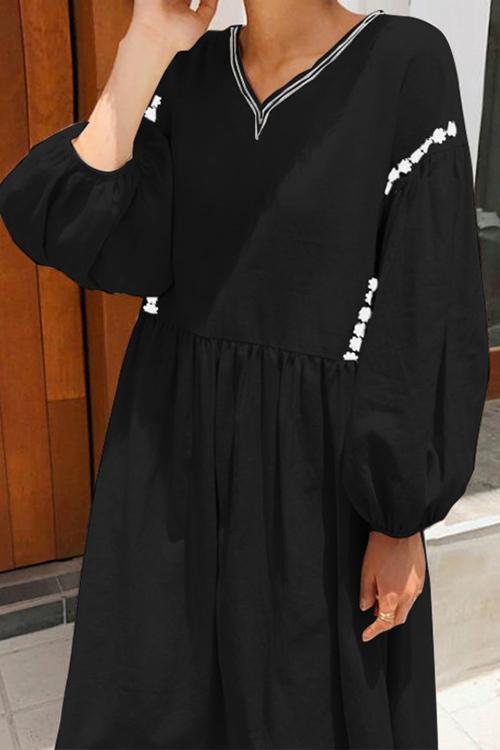 Casual Loose V neck Puff sleeve Maxi Dresses