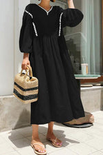 Casual Loose V neck Puff sleeve Maxi Dresses