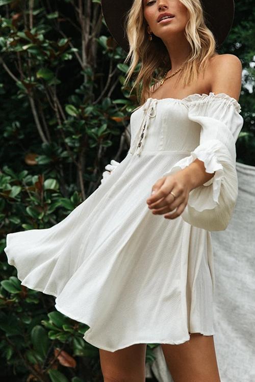 Button Off Shoulder Long Sleeve Mini Dress