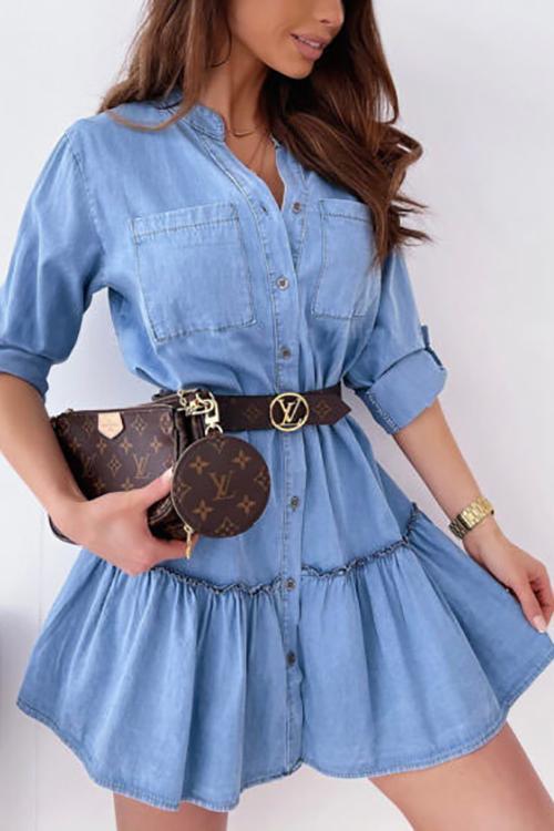 Frill Button Denim Mini Dress