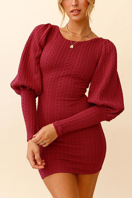 Knit Lantern Sleeve Bodycon Mini Dress