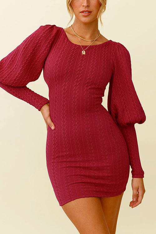 Knit Lantern Sleeve Bodycon Mini Dress