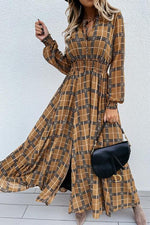 Emprie Waist Plaid Long Sleeve  Maxi Dress