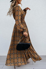 Emprie Waist Plaid Long Sleeve  Maxi Dress