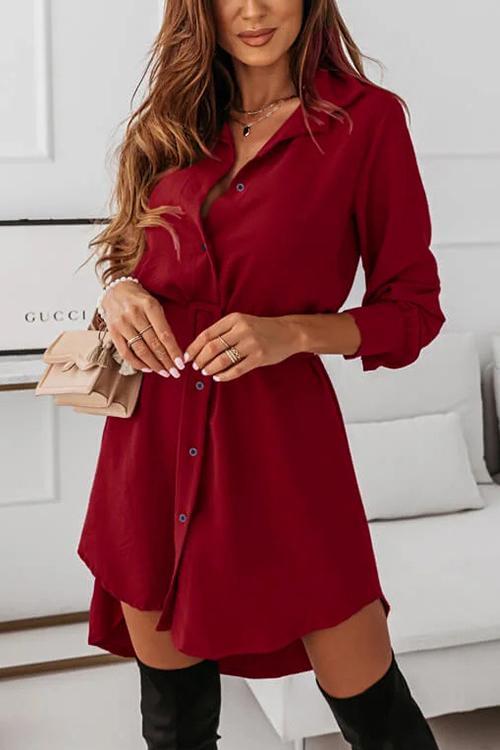 Button Long Sleeve Shirt Mini Dress With Belt