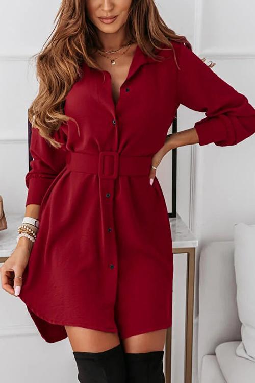 Button Long Sleeve Shirt Mini Dress With Belt