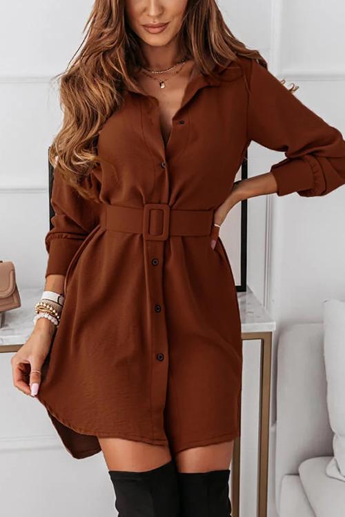 Button Long Sleeve Shirt Mini Dress With Belt