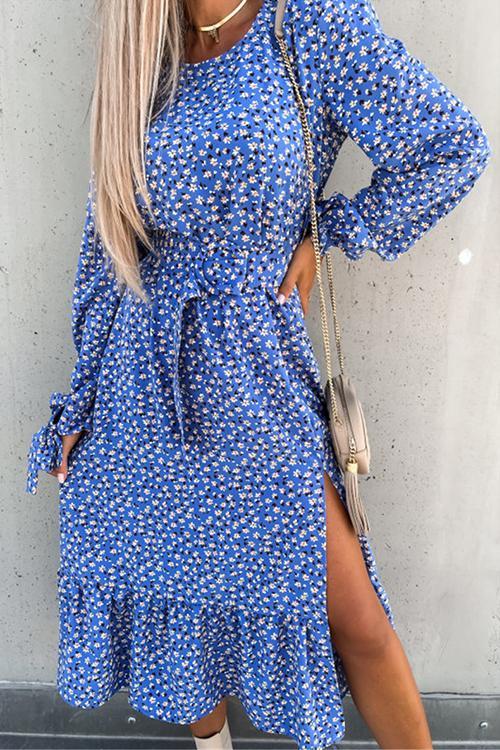 Floral Print Tie Long Sleeve Slit Maxi Dress