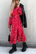 Floral Print Tie Long Sleeve Slit Maxi Dress