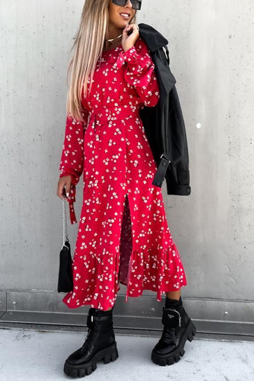 Floral Print Tie Long Sleeve Slit Maxi Dress