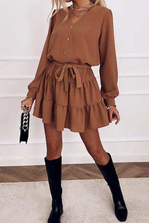 Button Layer Ruffles Long Sleeve Mini Dress