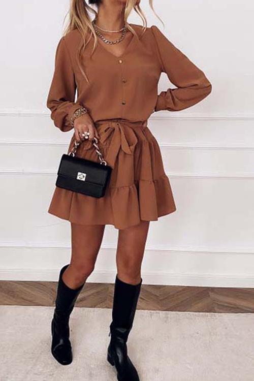 Button Layer Ruffles Long Sleeve Mini Dress