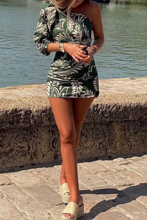 Paisley One Shoulder Puff Sleeve Bodycon Mini Dress