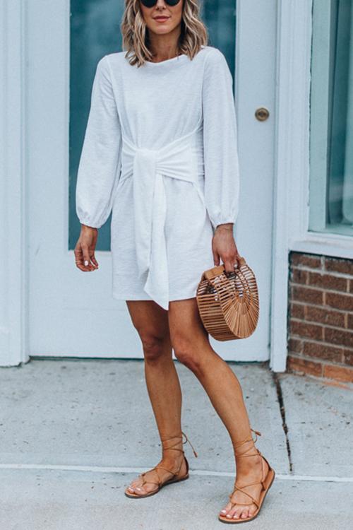 Knot Waist Long Sleeve Mini Dress