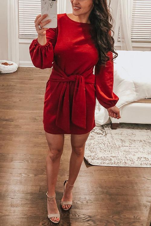 Knot Waist Long Sleeve Mini Dress