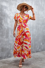 Casual Floral V Neck Short Sleeve Long Maxi Dress