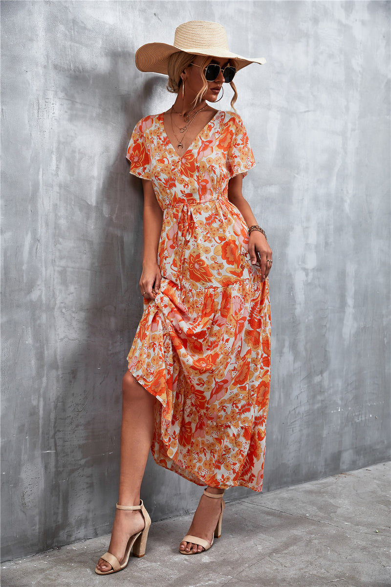 Casual Floral V Neck Short Sleeve Long Maxi Dress