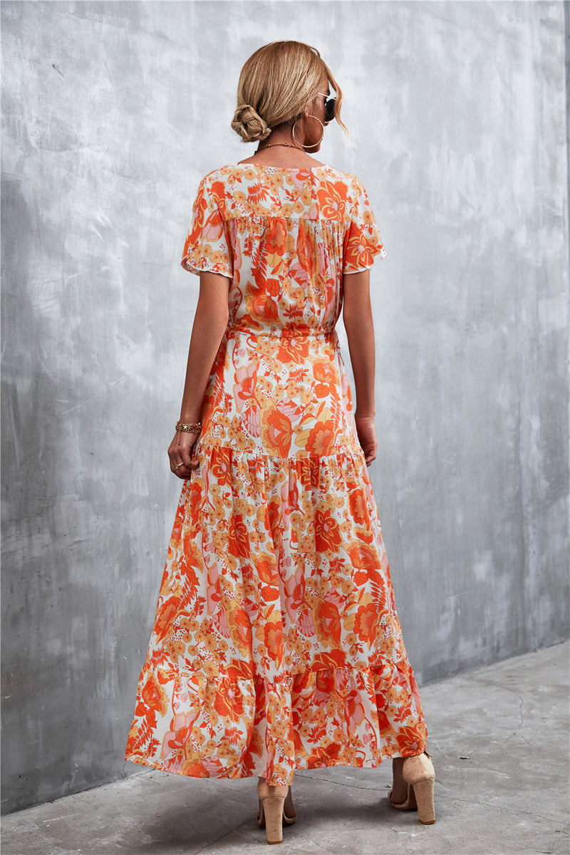 Casual Floral V Neck Short Sleeve Long Maxi Dress