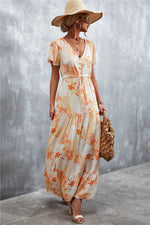 Casual Floral V Neck Short Sleeve Long Maxi Dress