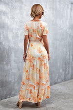 Casual Floral V Neck Short Sleeve Long Maxi Dress