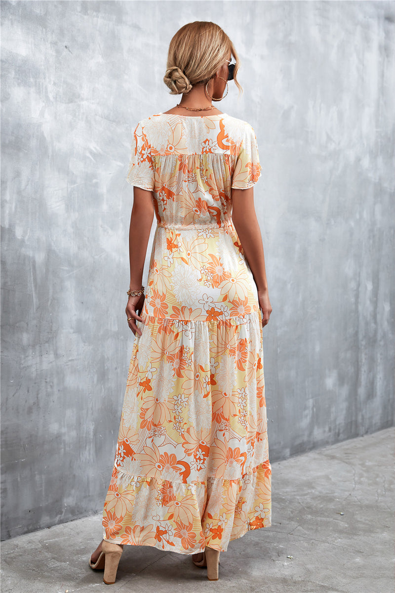 Casual Floral V Neck Short Sleeve Long Maxi Dress