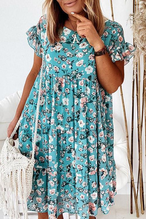 Floral Print Ruffles Midi Dress