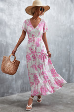 Casual Floral V Neck Short Sleeve Long Maxi Dress