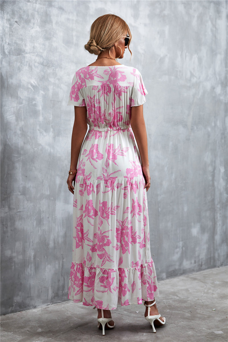 Casual Floral V Neck Short Sleeve Long Maxi Dress