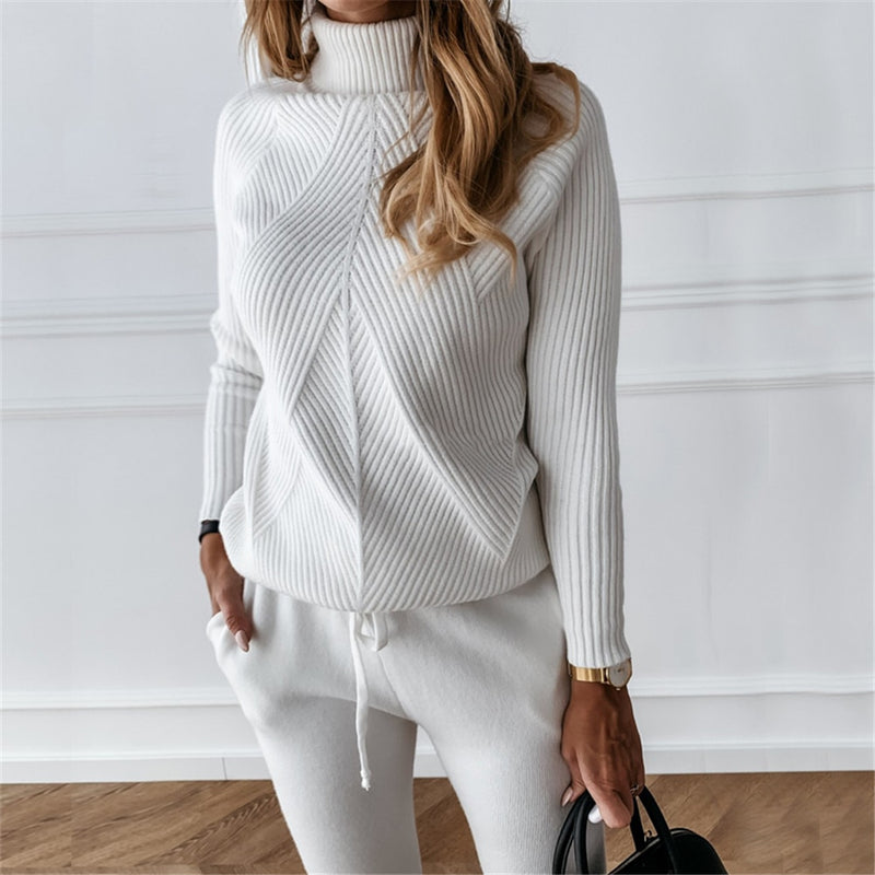 Striped Knitted Turtleneck Sweater Elastic Trousers Suits Set