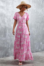 Casual Floral V Neck Short Sleeve Long Maxi Dress