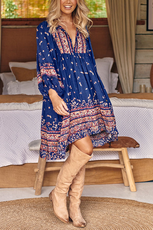 Boho Print Long Sleeve Mini Dress