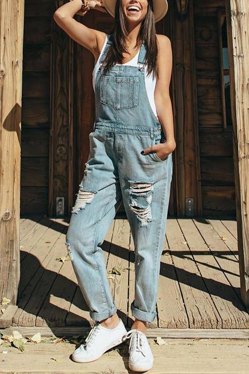 Pockets Ripped Denim Jumpsuit