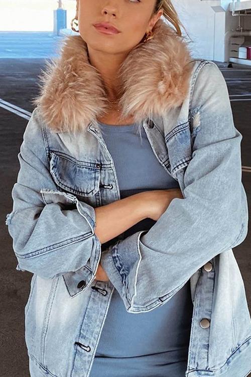 Fake Fur Collar Denim Coat