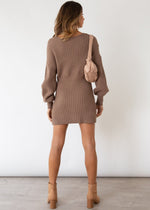 Casual Off Shoulder Long Sleeve V-Neck Belt Knit Mini Dress